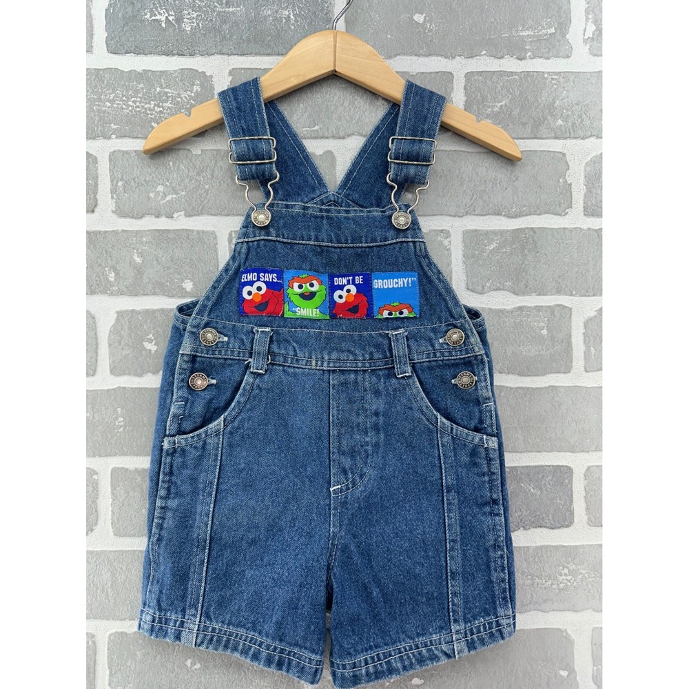 Vintage Sesame Street Elmo Oscar the Grouch Denim Shortalls Overalls 12M Y2K